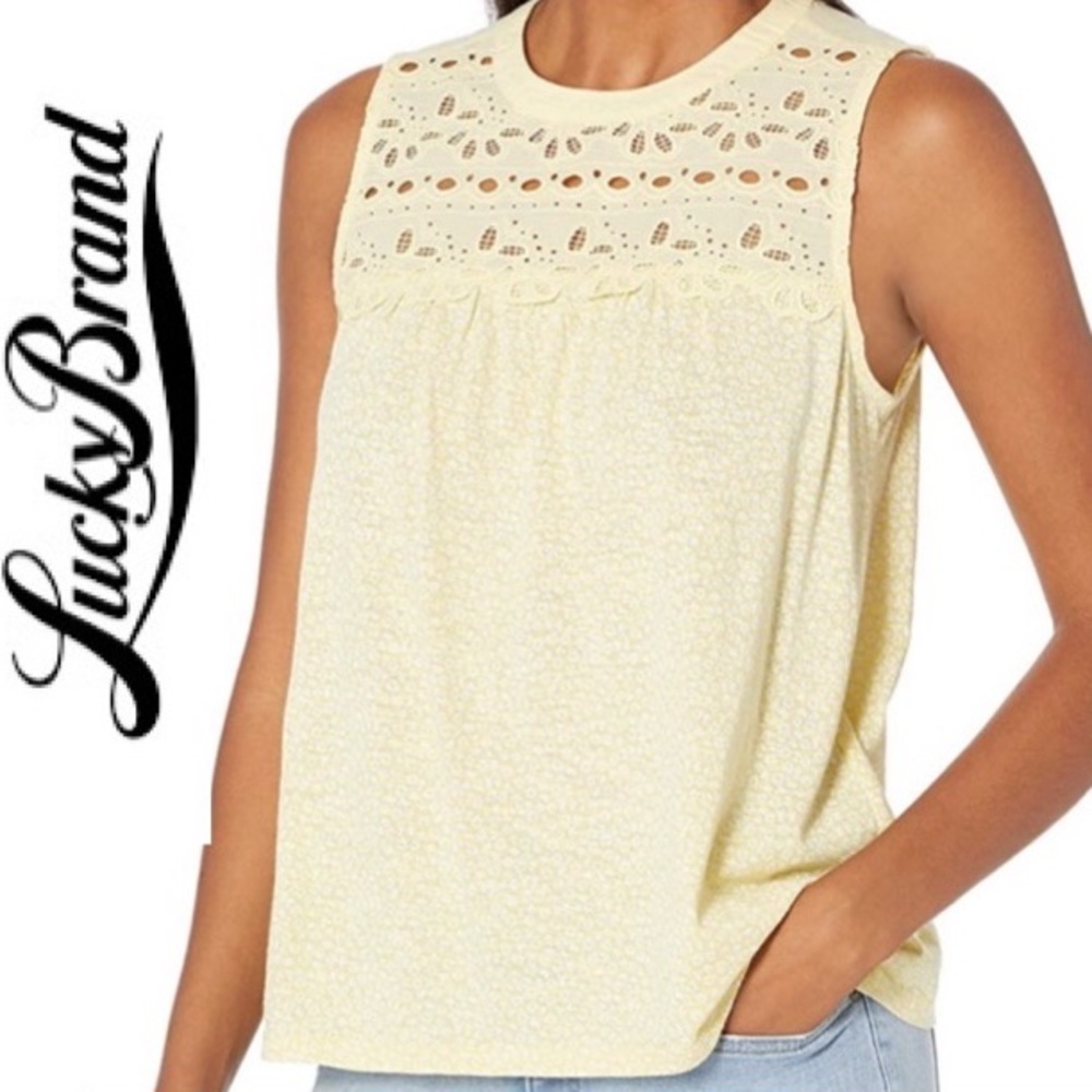 Embroidered Eyelet Tank Top Lace Butter Yellow Sleeveless Crew Neck Lucky Brand